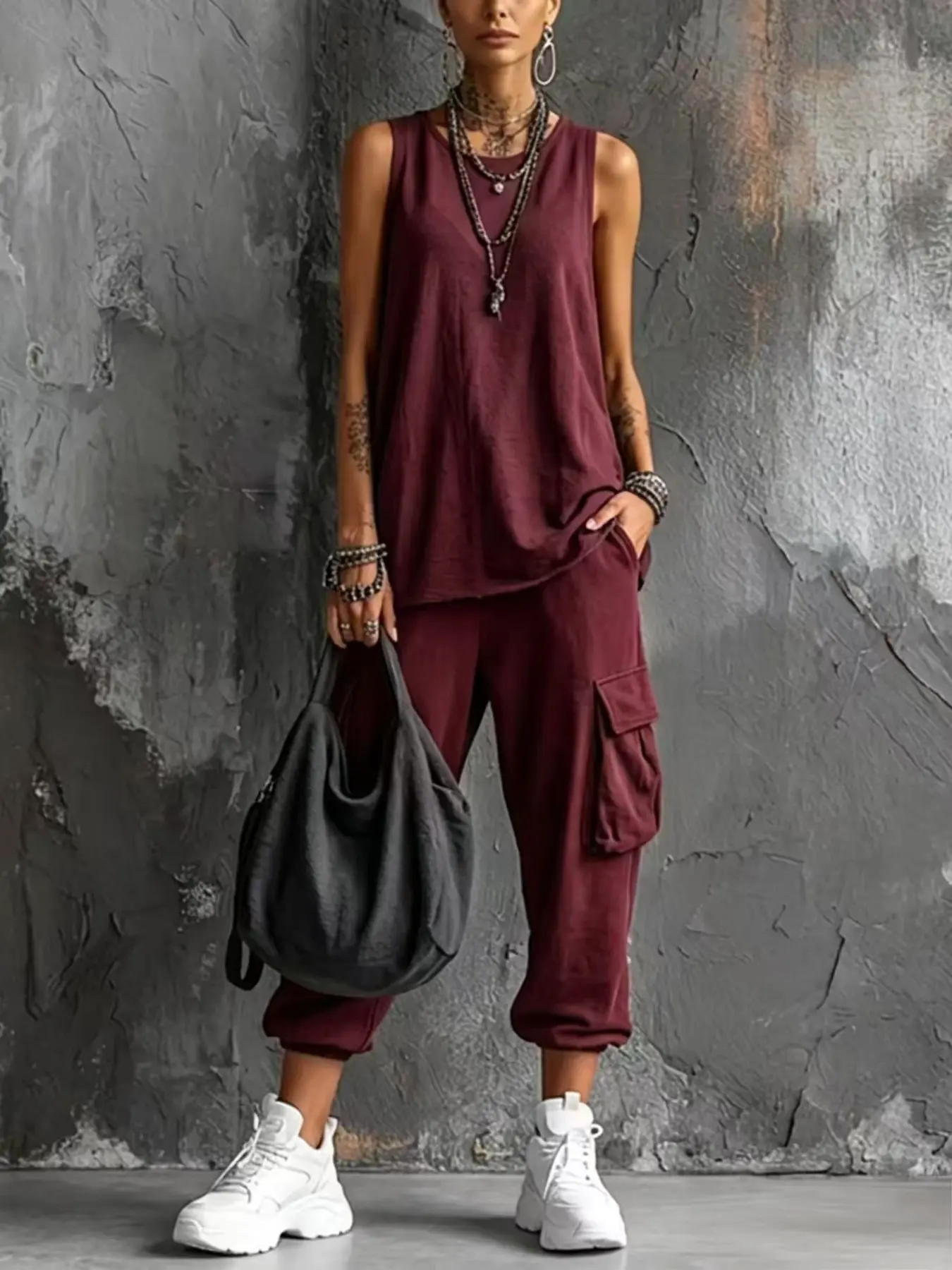Women’s 2 Piece Lounge Set, Sleeveless Tank Top & Cargo Jogger Pants, Casual Matching, Comfortable and Stylish Home Wear