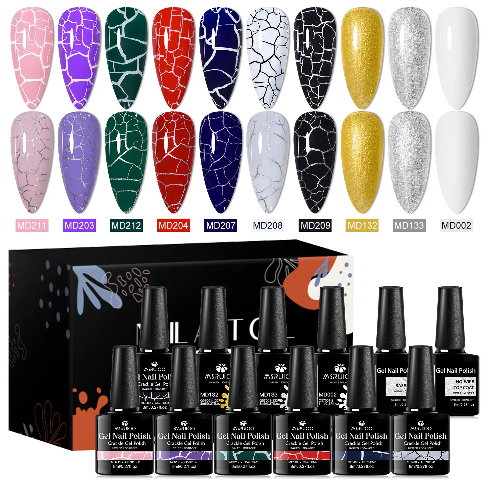 12pcs Crackle Gel Nail Polish Set Include Base and Top coat, with white golden and Silvery gel nail polish, different Cleverly matched Marble Color Crack Effect Gel Polish Effect, for Nail Salon DIY at home
