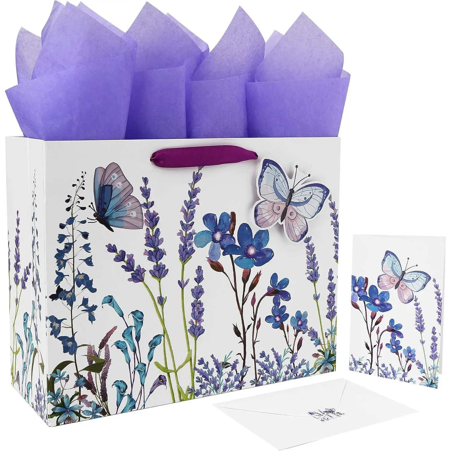 Women's 13"l x 5.2"w x 10.2"h Solid Plain Purple Lavender Party Gift Bag Set - Gift & Party Ready, Includes 3D Butterfly, Greeting Card (Includes Cards), Tissue Paper - Wedding, Birthday Supplies, Anniversary, Female