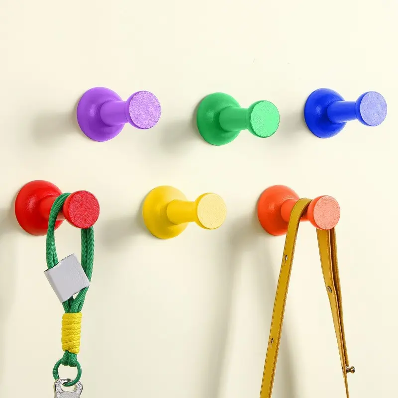 6 Pack Wood Wall-Mounted Coat Hooks Suitable for,, Bedroom - Adhesive Pushpin Backing (No Screws), Colorful Cordelim (Wood) Hooks with Contemporary Nordic Decorative Hangers for Rooms, Entryway Organization