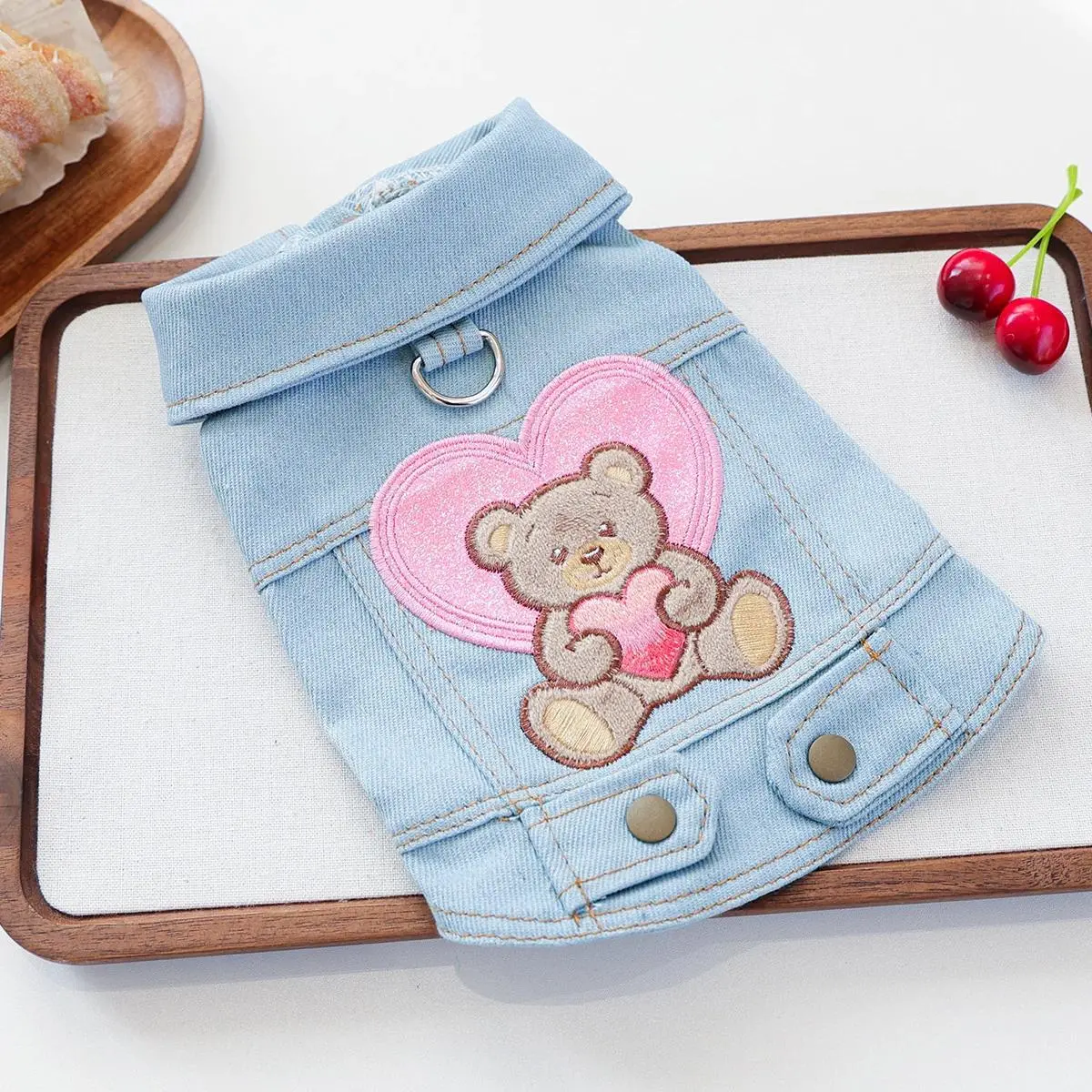 Valentine's Day Heart Hug Bear Pet Denim Vest, Blue with D-Ring, Sleeveless Two-Legged Jacket for Small Dogs Cats, Spring/Summer