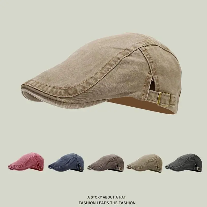 Unisex Vintage Cotton Beret - Basic Adjustable Strap, Flat Visor, Black/Brown Retro Newsboy Cap for Men and Women, Spring Summer Casual Fashion Accessory Hat