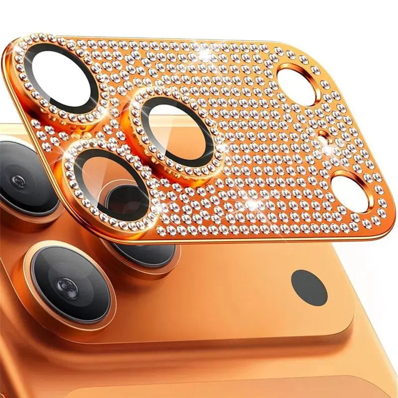 Luxury Bling Diamond Metal Camera Lens Protector - Shiny Rhinestone Full Cover Glass Shield with Glitter Alloy Ring for iPhone 13-17 Pro Max Plus Smartphones (Screen Protector Accessory), Iphone 17
