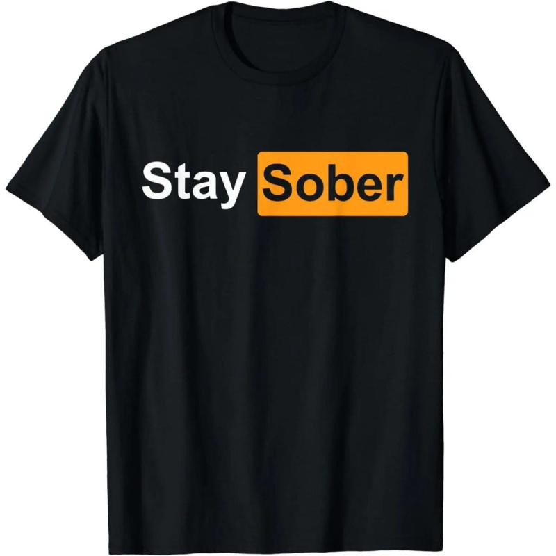 Minimalist Style Casual Cotton Short Sleeve Letter Print "Stay Sober" T-Shirt for Men Black Fabric Menswear