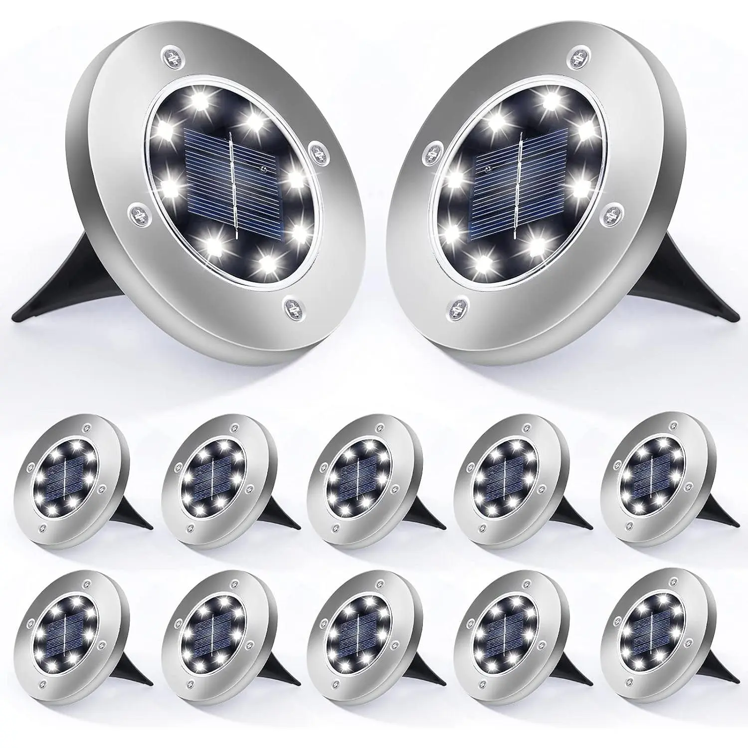 12 Pack Solar Disk Lights - 8 LED In-Ground Outdoor Landscape Lights for Pathway, Yard, Walkway, Patio, Lawn Path (Cold White)