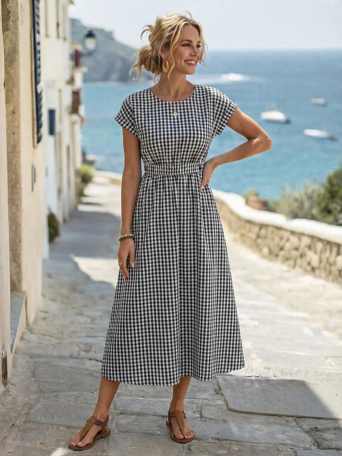 Women's Fashion Elegant Casual Wear Vacation Plaid Print Round Neck Waist Cinch Patchwork Dress, Stylish and Comfortable Summer Casual Dresses
