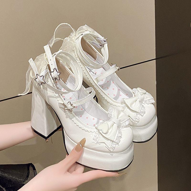 Lolita Shoes Women High Heels Shoes Woman Chunky Sandals Summer Mary Janes PU Leather Shoes Retro Bow Party Platform Pumps
