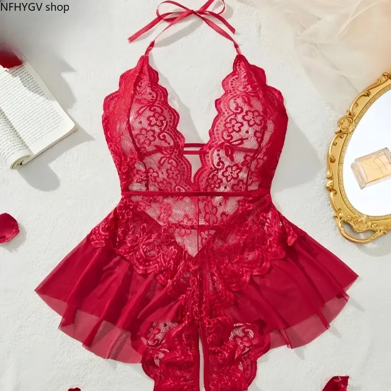 Honeymoon Floral Lace Bodysuit, Red Self Tie Halter Deep V Double Strap Cutout Sheer Mesh Ruffle Skirt Lace Teddy, Lightweight Breathable See Through Night Outfit for Women Bedroom Relax Honeymoon Romantic Indoor Wear