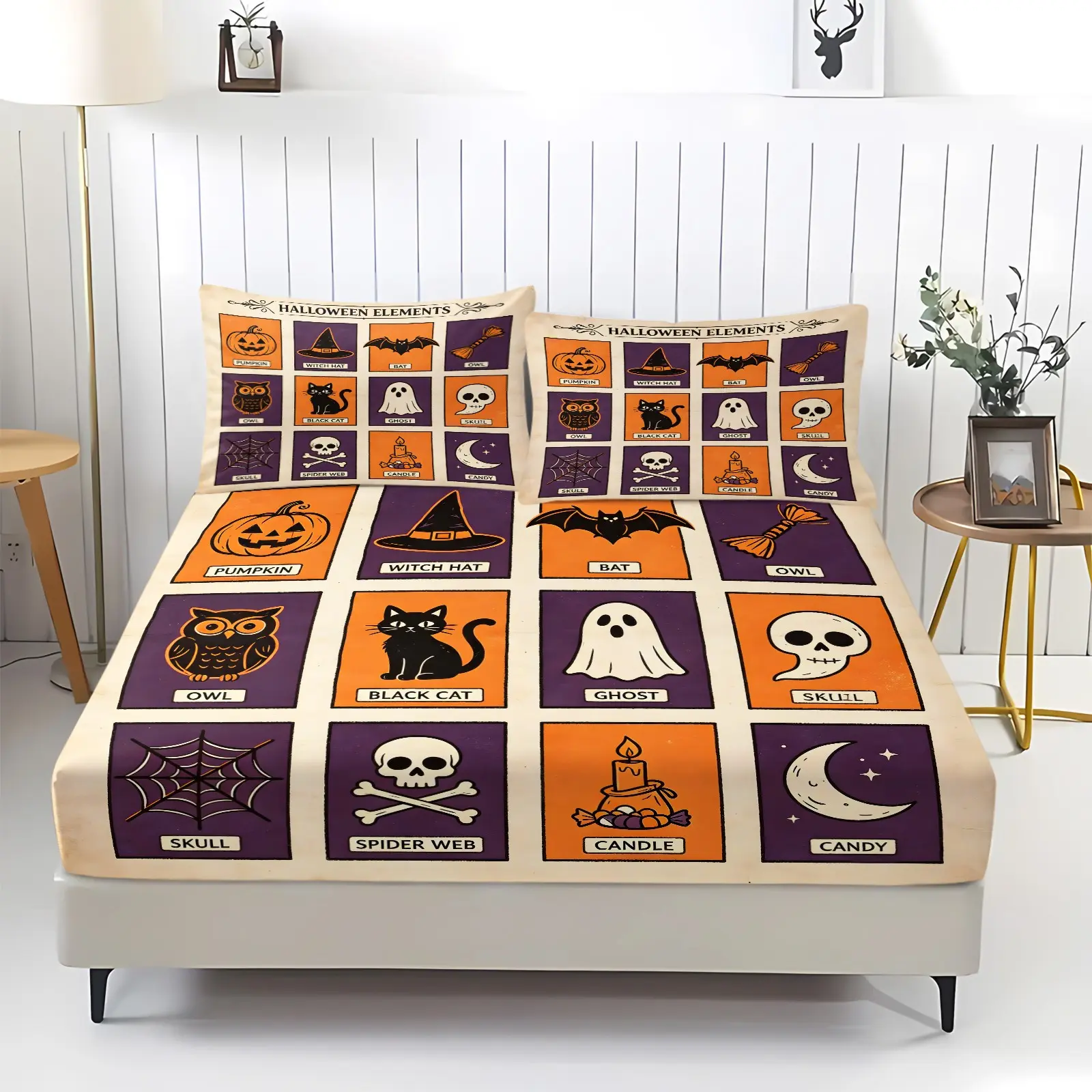 Vintage Halloween Grid Fitted Sheet Set, Pumpkin Ghost Black Cat Skull Bat Digital Print Bed sheet set, 360° Elastic Deep Pocket, Includes 2 Pillowcases - without Core