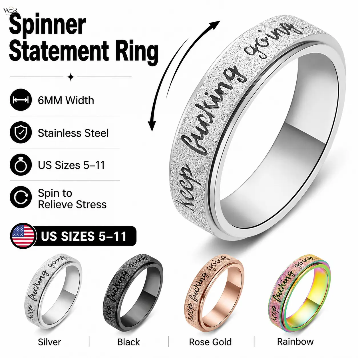 4 Colors Engraved Slogan Spinner Stress Relief Ring 6mm Wide Matte Stainless Steel Fidget Rotating Band US Sizes 5-11 Funny Statement Jewelry Gift for Men Women
