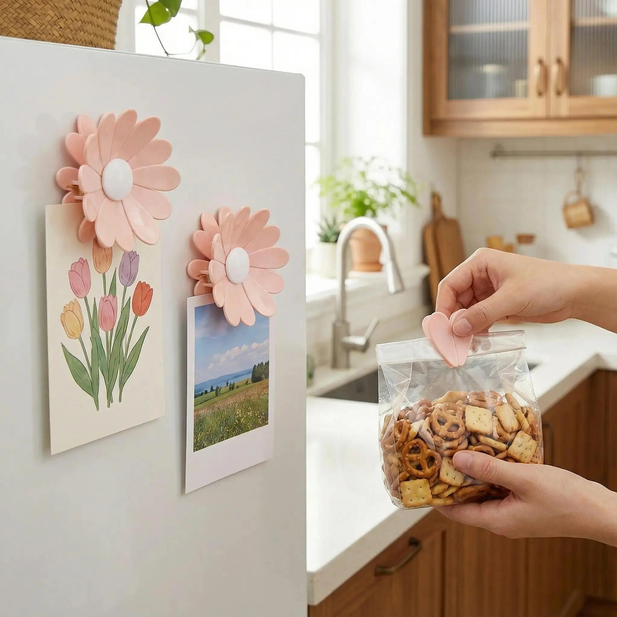 2 Pack Magnetic Bag Clips for Fridge - Cute Cherry Blossom Food Sealing Clips, 6 Bag Clips + 1 Magnetic Base for Snack Bread Pet Food Storage, Kitchen Decor Gift