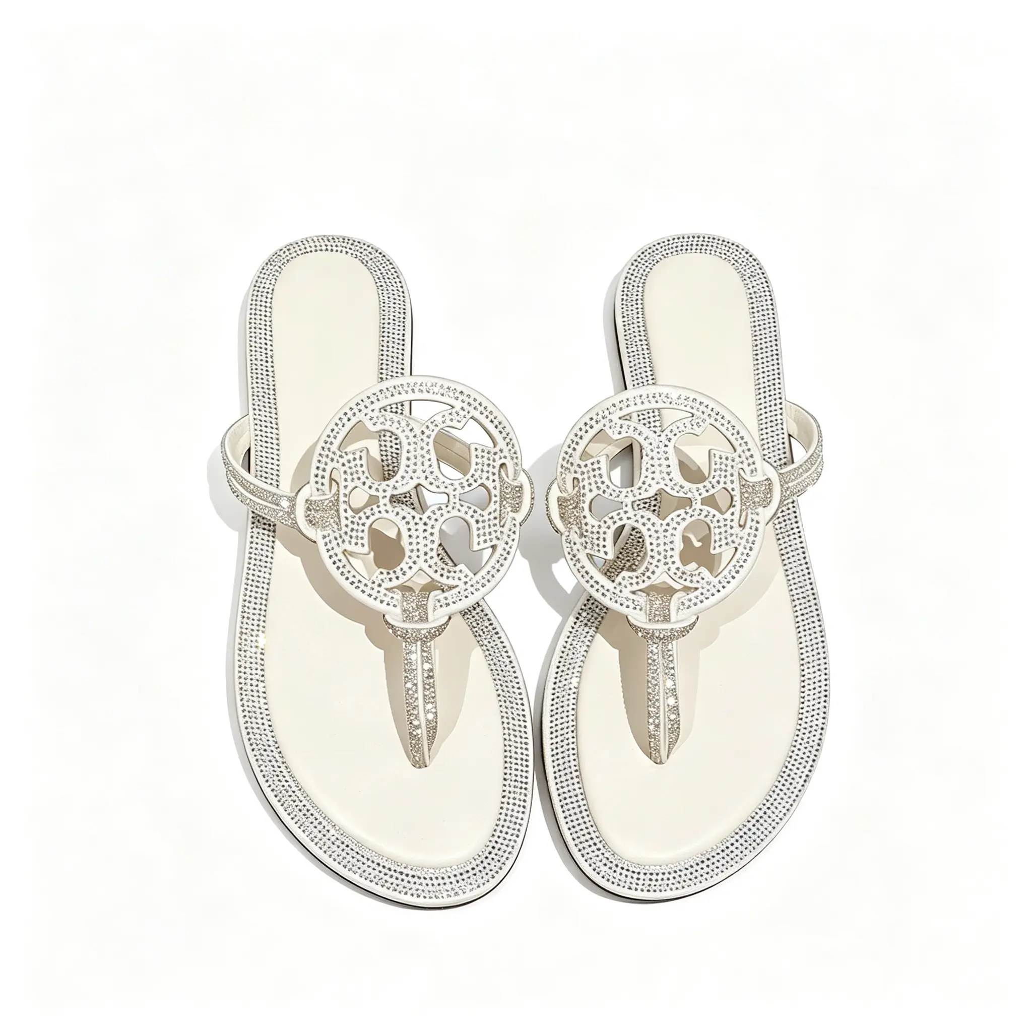Elegant White Rhinestone Covered Flip Flop Pool Slides, Hollow Circular Rhinestone Embellishment Thong Sandals, Wear-resistant Flat Sole Bling Flip Flops for Women Summer Poolside Lounging & City Daily Use