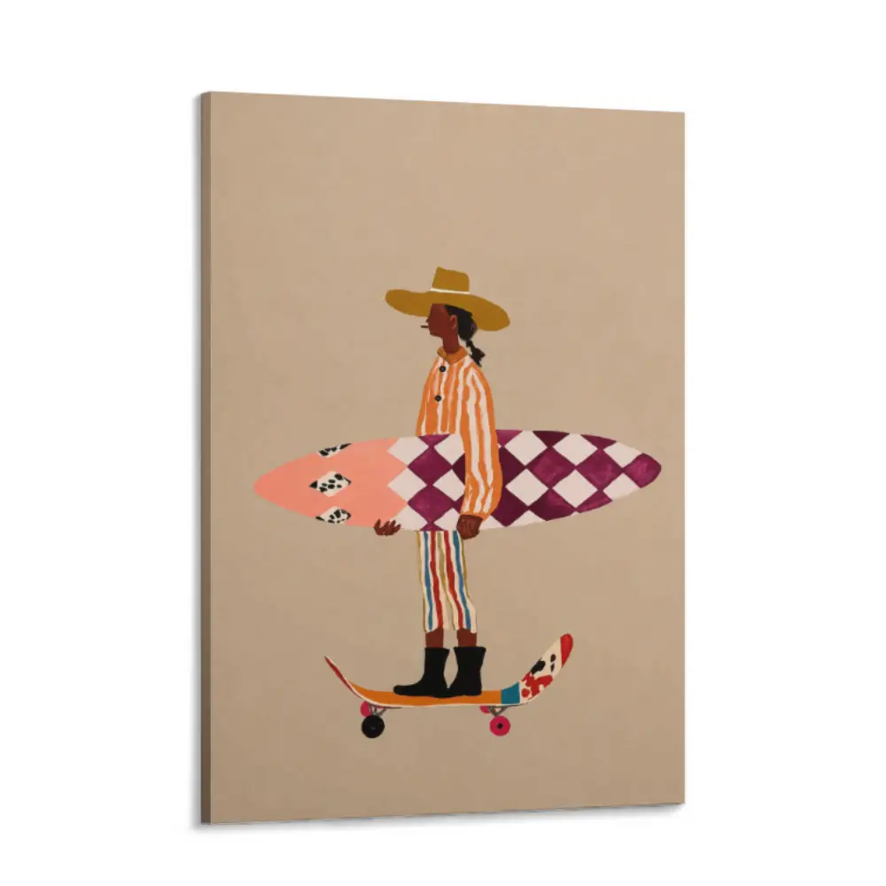 Retro Skater Girl Canvas Wall Art Surfing Skateboard Canvas Print Vintage Y2K Aesthetic Poster Preppy Pink Plaid Surfboard Painting Framed Artwork for Bedroom Living Room Dorm Boy Girl Room