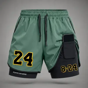 Men’s Number 24 Graphic Print 2-in-1 Athletic Shorts, Built-in Compression Liner, Secure Inner Phone Pocket, Elastic Drawstring Waist, Quick-Dry Gym Running Training Shorts for Summer Daily Wear