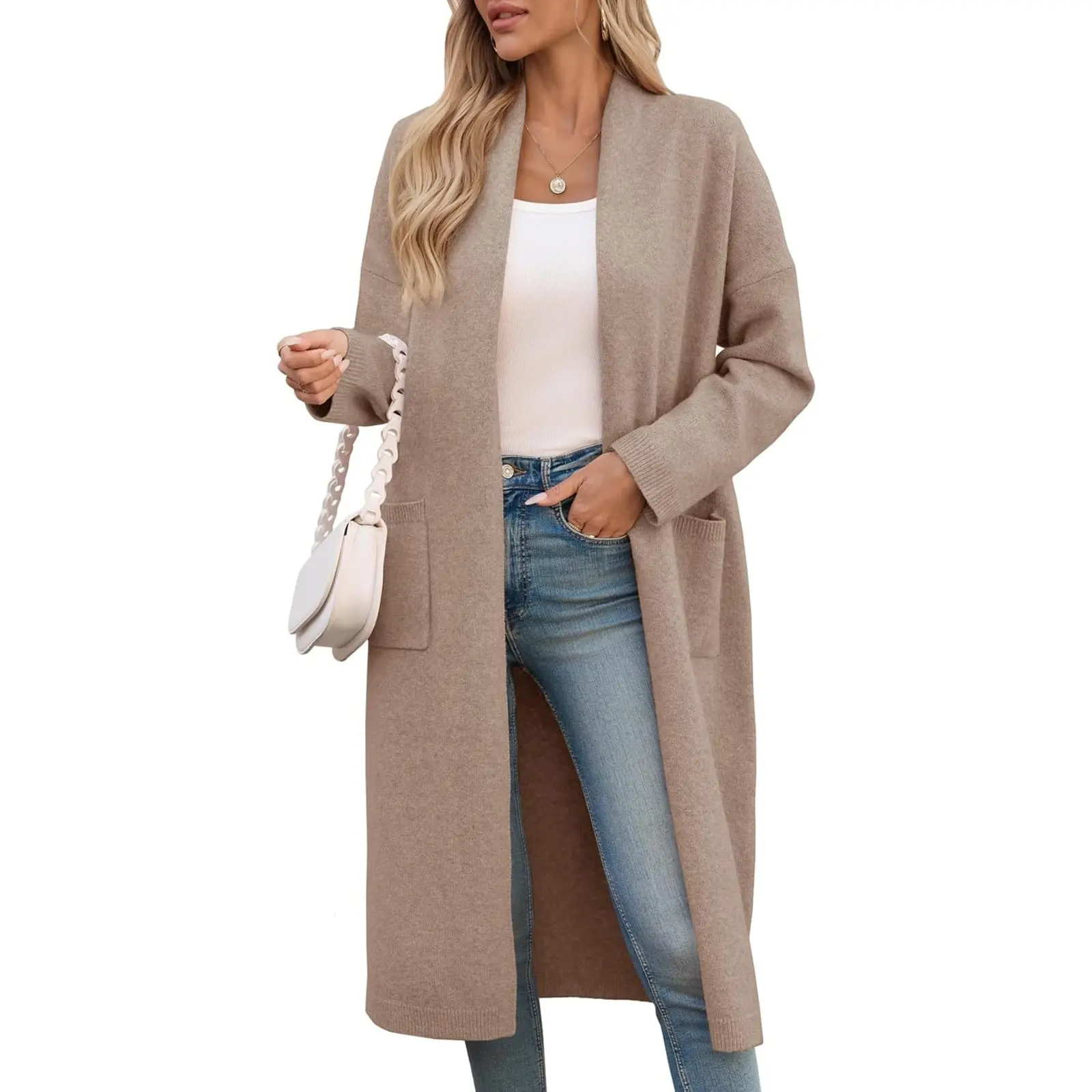 Aoysky Women's Basic Long-Sleeve Loose Knitwear, Extra Long Oversized Chunky Knit Open Front Casual Duster Coat with Pockets, Thanksgiving, Valentines Day