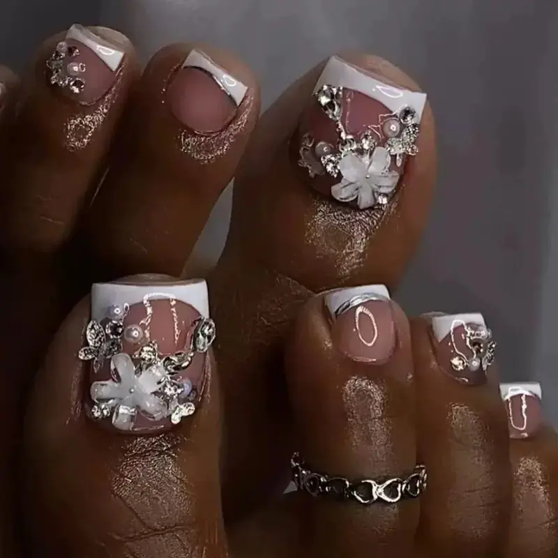 24pcs French Edge Toe Nails, 3D Flower Pearl Butterfly Acrylic False Tips, Reusable Waterproof Nail Art Stickers, Women's Manicure Supplies, Diy False Toenails, Nail Art Products