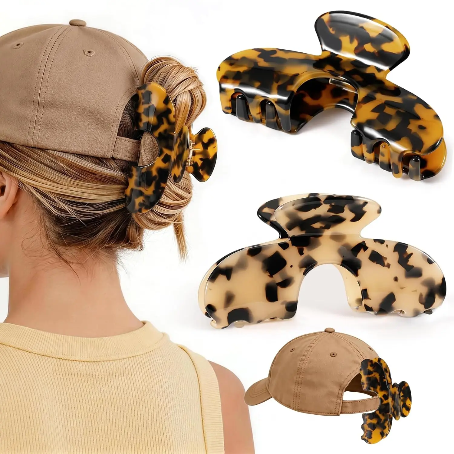 2Pcs Hat Claw Clip for Women Girls, Large Trucker Hat Hair Clip for Baseball Cap, Non-Slip Strong Hold Acetate Claw Clips for Thin Thick Hair, Hair Accessories Gifts
