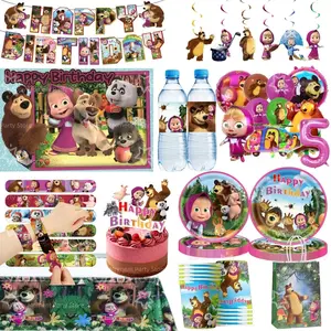 Masha And Bear Birthday Party Decoration Girl And Bear Tableware Tablecloth Cup Plate Napkin Baby Shower Party Favors Supplies