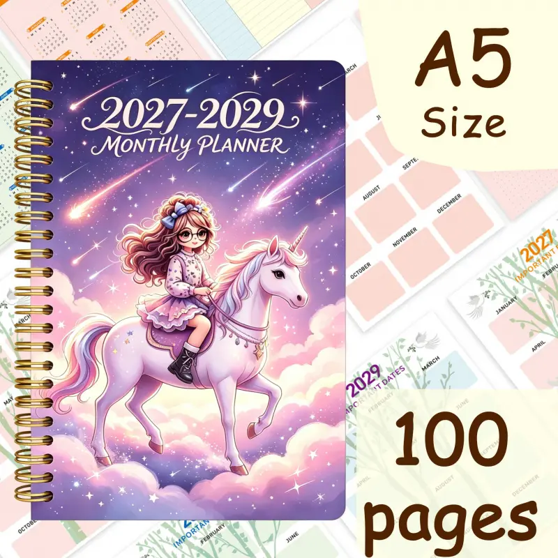 2027-2029 Monthly Plan Book, A5 size, 100 pages, featuring cute unicorn and girl design, suitable for girls' weekly and monthly schedules