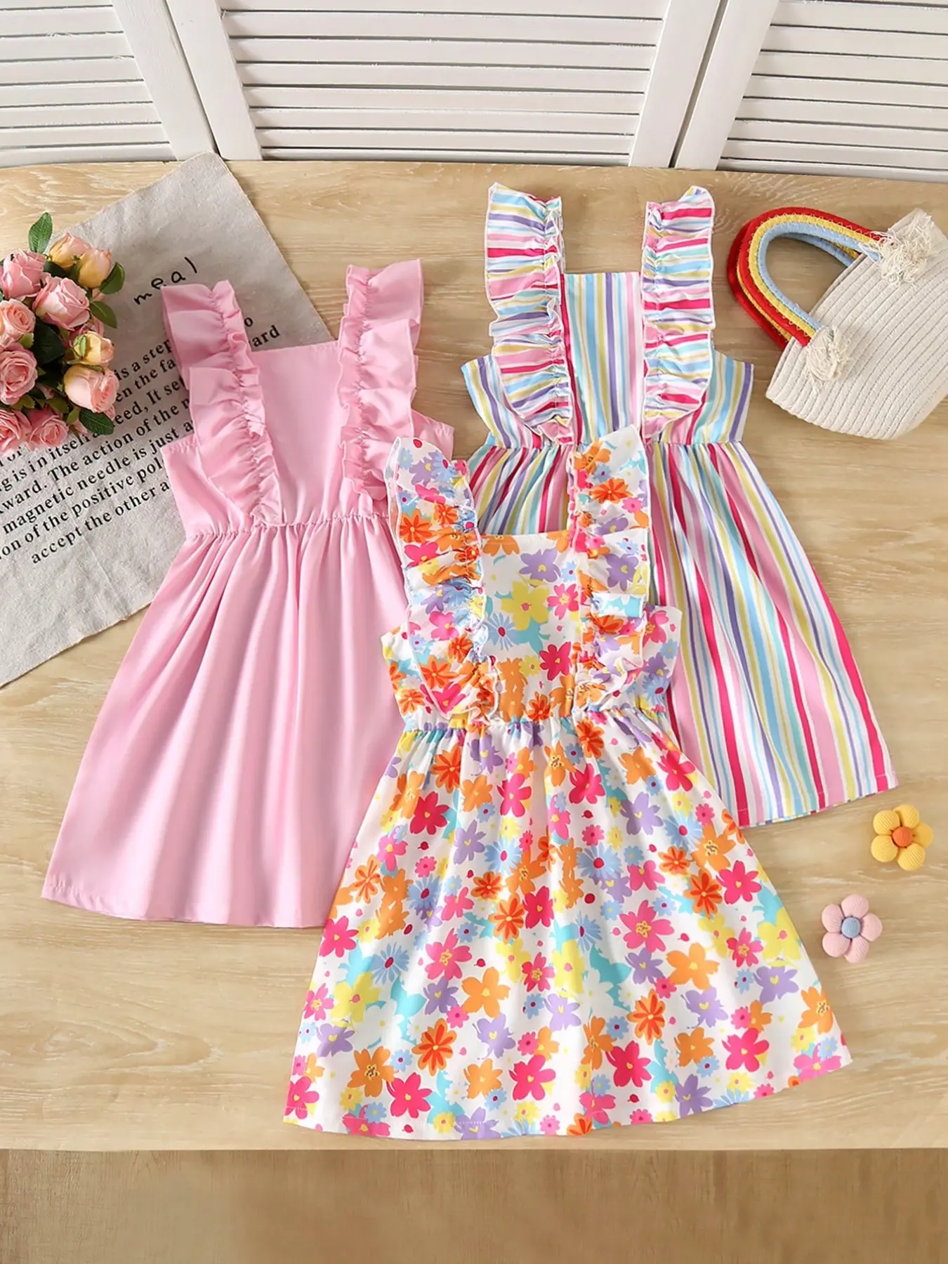 3-Piece Set for Girls, Sweet Ruffle Striped Floral Solid Dresses, Summer Sundresses, Perfect for Daily Wear, Vacation Parties, Outdoor Play, Ages 3-7