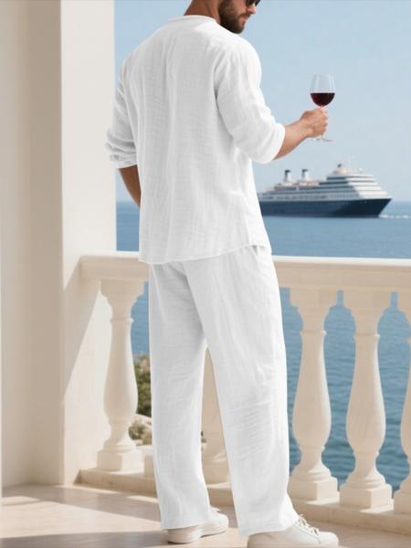 Men's Linen Set Long Sleeve V Neck Shirt & Pants, Casual Loose Fit Beach Vacation, Spring Fall Fashion Comfortable Wear