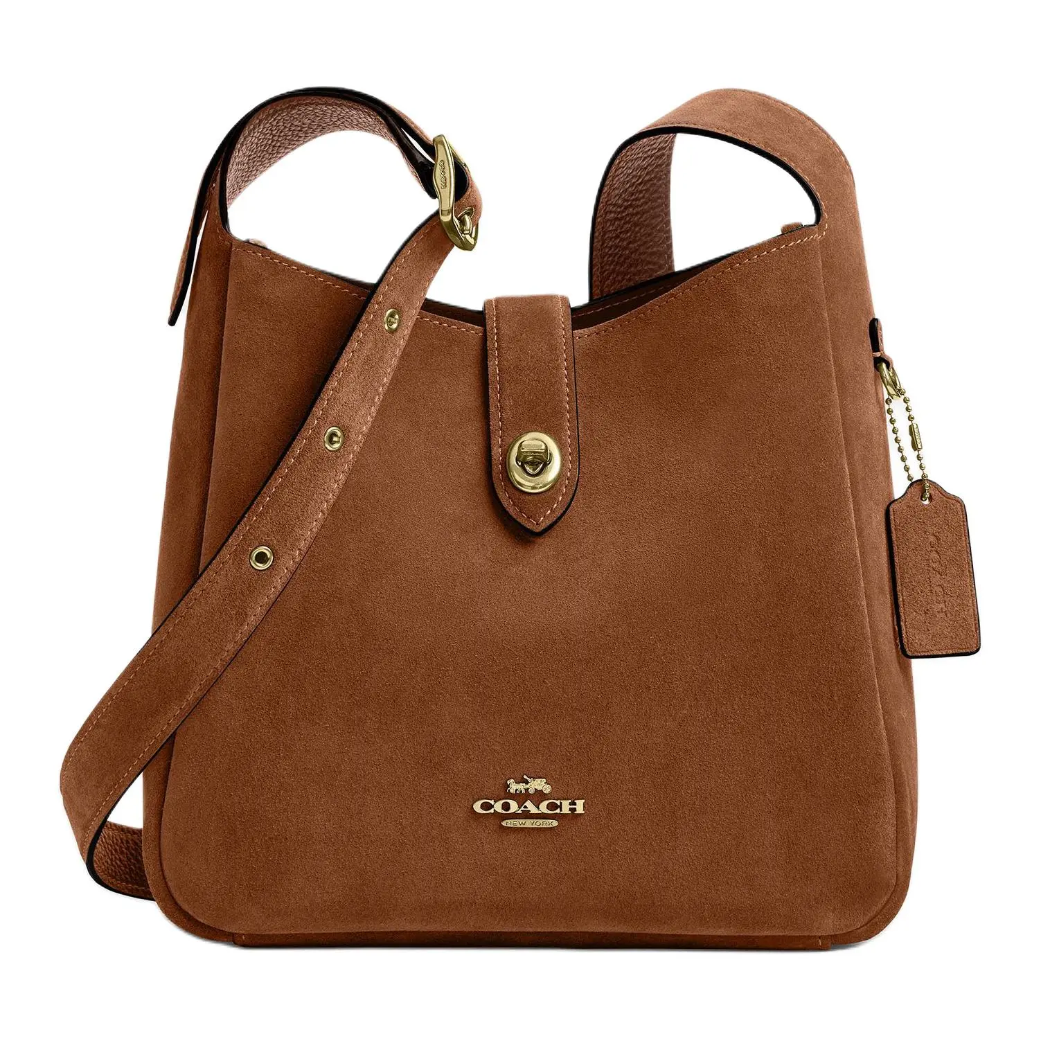 COACH Hadley 25 Suede Crossbody Bag for Women, Gold Logo, Medium Size, Tan Color