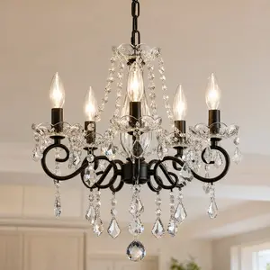 Modern Black Crystal Chandelier, 5-Light 17-Inch Candle Style Pendant Light, Height Adjustable E14 K9 Fixture for Dining Room Kitchen Island Living Room Bedroom Foyer Staircase, Farmhouse Luxury Decor, Bulbs Not Included