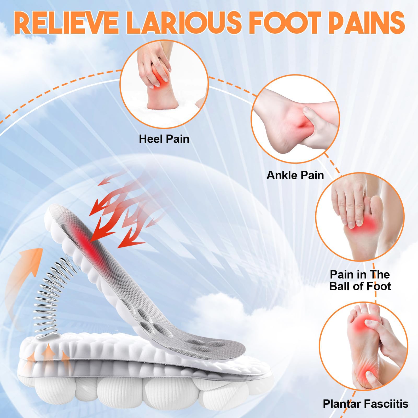 4D Cloud Tech Soles Insoles for Men Women, Super Soft Comfort Cloud Feeling Cushioning Insoles Memory Foam Arch Support Sole Inserts. (L Women 12-14.5 / Men 11-13.5)