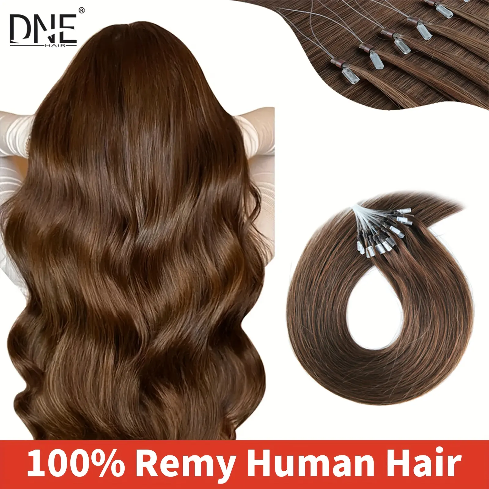 50 Strands DNE HAIR Micro‑Loop Real Human Hair Extensions for Women, 10‑22 Inch Silky‑Straight Light Brown Micro‑Bead Hair Pieces, Invisible Seamless Natural‑Look Design, Easy‑Application Secure‑Fit Sleek Hair for Daily Hairstyle Volume & Length Enhanceme