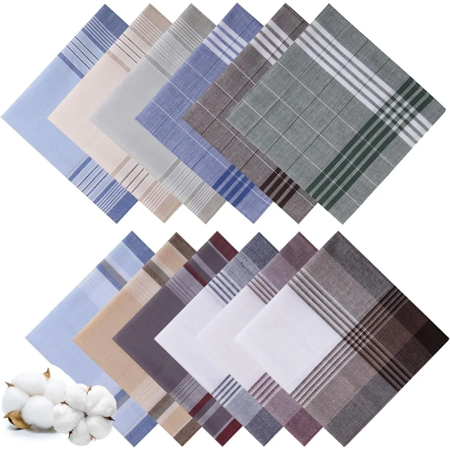 12 Pack Men's Cotton Handkerchiefs, 100% Soft Checked Hankies, Large Classic 16 x 16 Inch(Gift)
