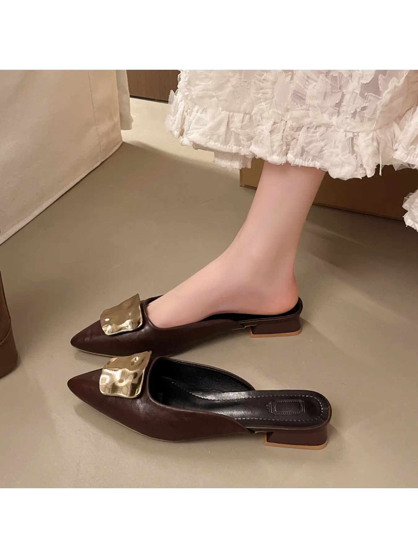 Women Pointed Toe Flat PU Leather Mules with Big Gold Square Buckle, Slip On Backless Slide Sandals, Casual Daily Office Dress Shoes Multi Colors