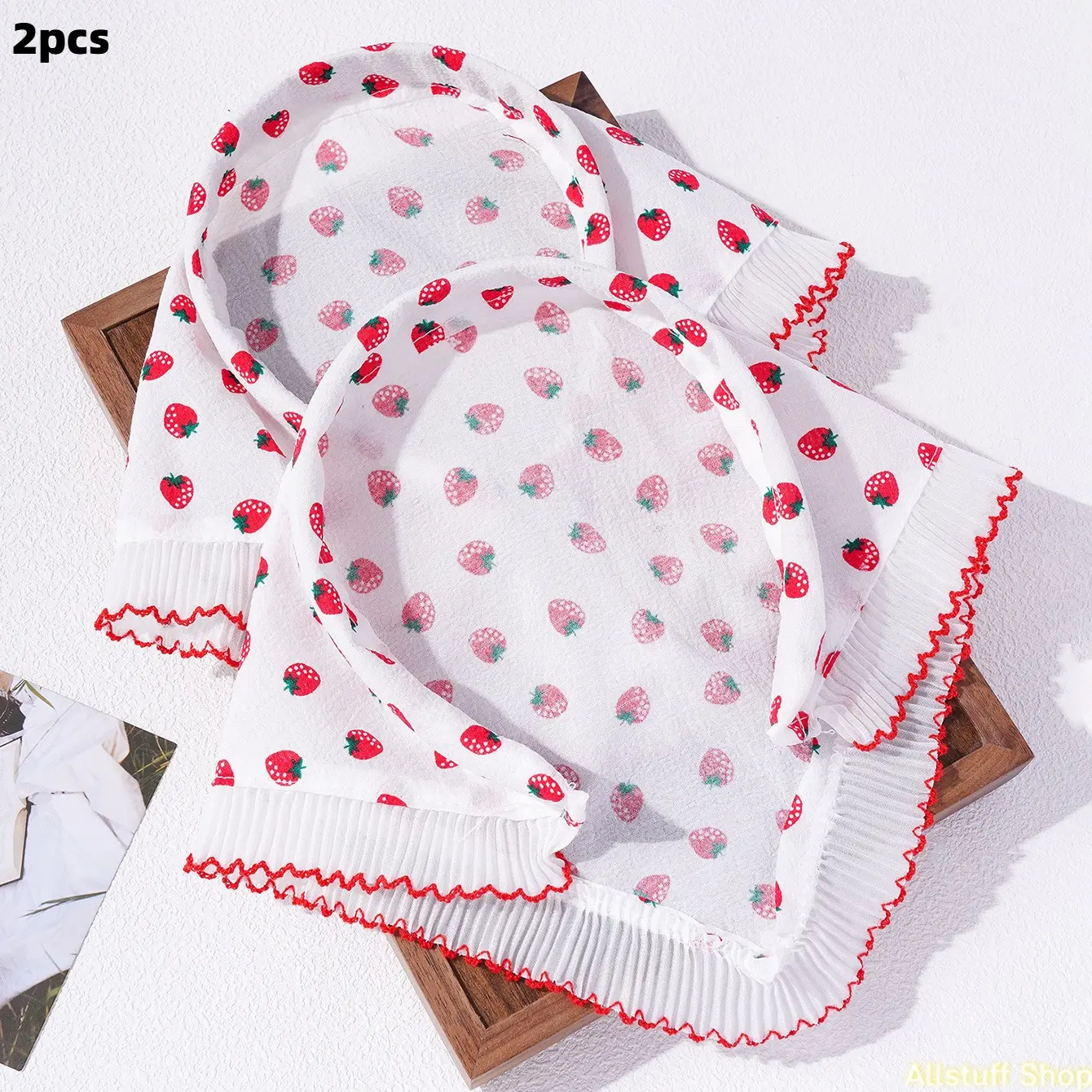 Women's 2-Piece Fashion Headscarf Set, Cute Strawberry Print Triangular Kerchief with Lace Edge Trim for Travel & Vacation, Female, Outdoors, 2Pcs, Hair Accessories, Two-Pack