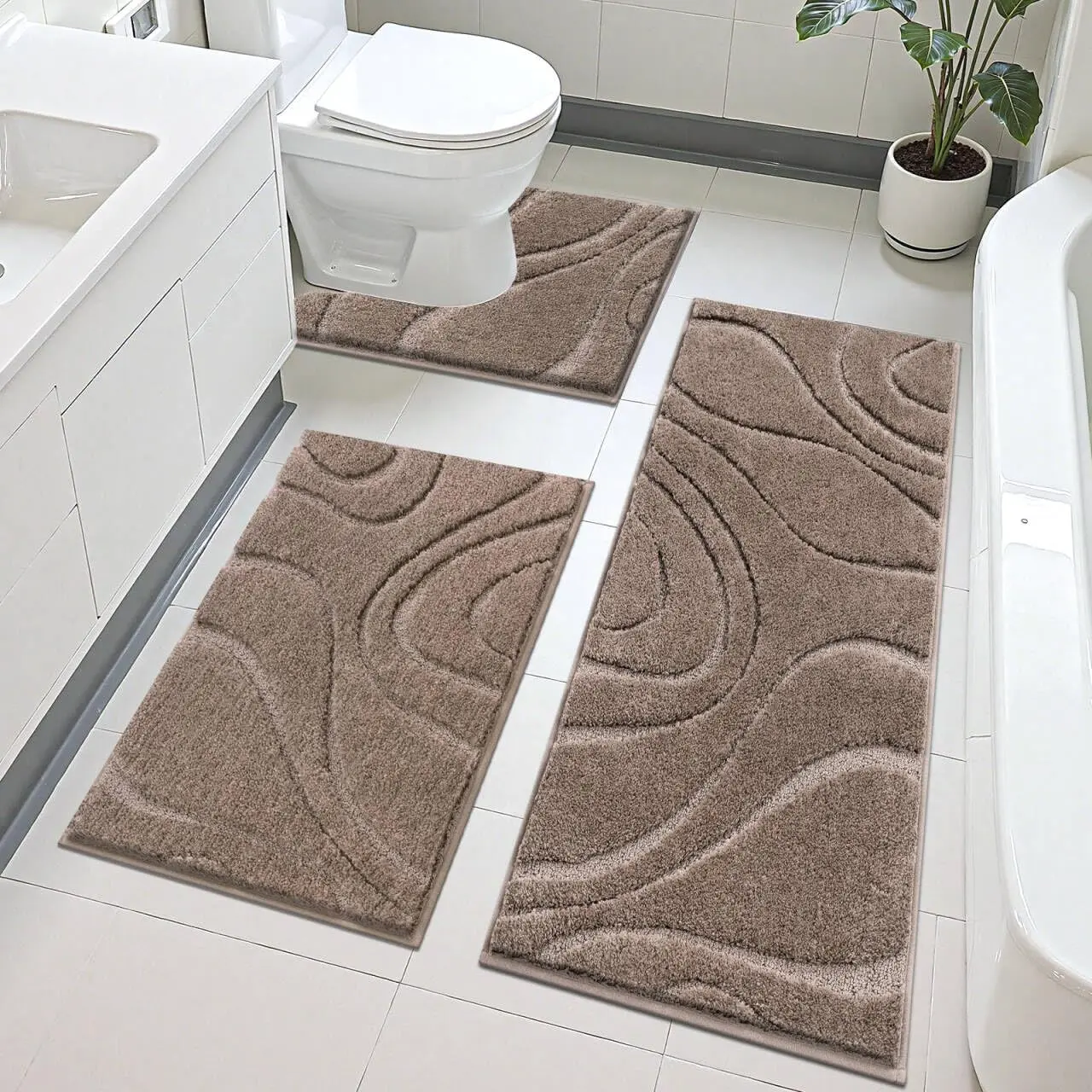 Bathroom  Sets 3 count, Non Slip Washable Absorbent Bath Mat Set | Super Soft Plush Microfiber Bathroom Mats with Runner Set, Solid Bathmat with U-Shaped Toilet Rug Set for Tub, Shower