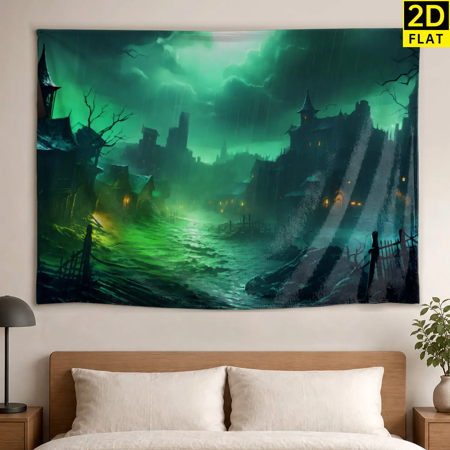 Large Horizontal Synthetic Polyester Tapestry - Green Mystical Rainy Landscape Printed Room Art, Hand Wash Ok Home Decor, No-Installation Dining Room Decor, Holiday Gift