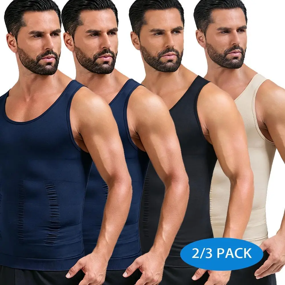 Men's Sleeveless Compression Tank Top - 1/2/3 Pack Nylon Shapewear Vest with Abdominal Control, Breathable Activewear for Fitness, Sporty Vest, Sleeveless Gymclothing, Athletic Tank Tops for Gym Workouts