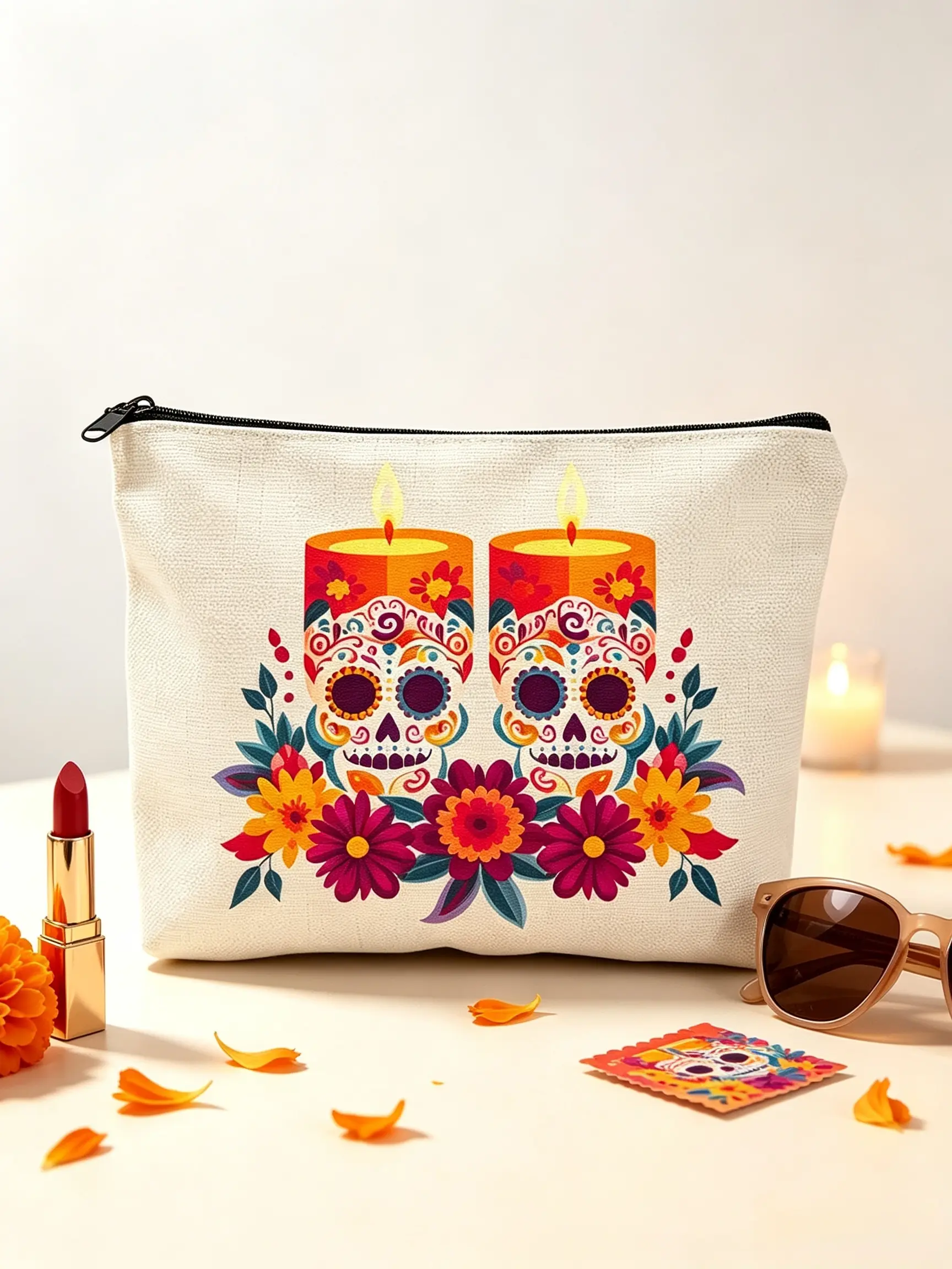 Mexico Day of Dead Limited Edition Makeup Bag, Dual Skull Candle Print, Foldable, Large Capacity, Vintage Zipper Pouch, Travel Friendly