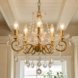 Modern Gold Crystal Chandelier,  17-Inch Candle Style Ceiling Light, Adjustable Height E14 K9 Fixture, Luxury Farmhouse Decor