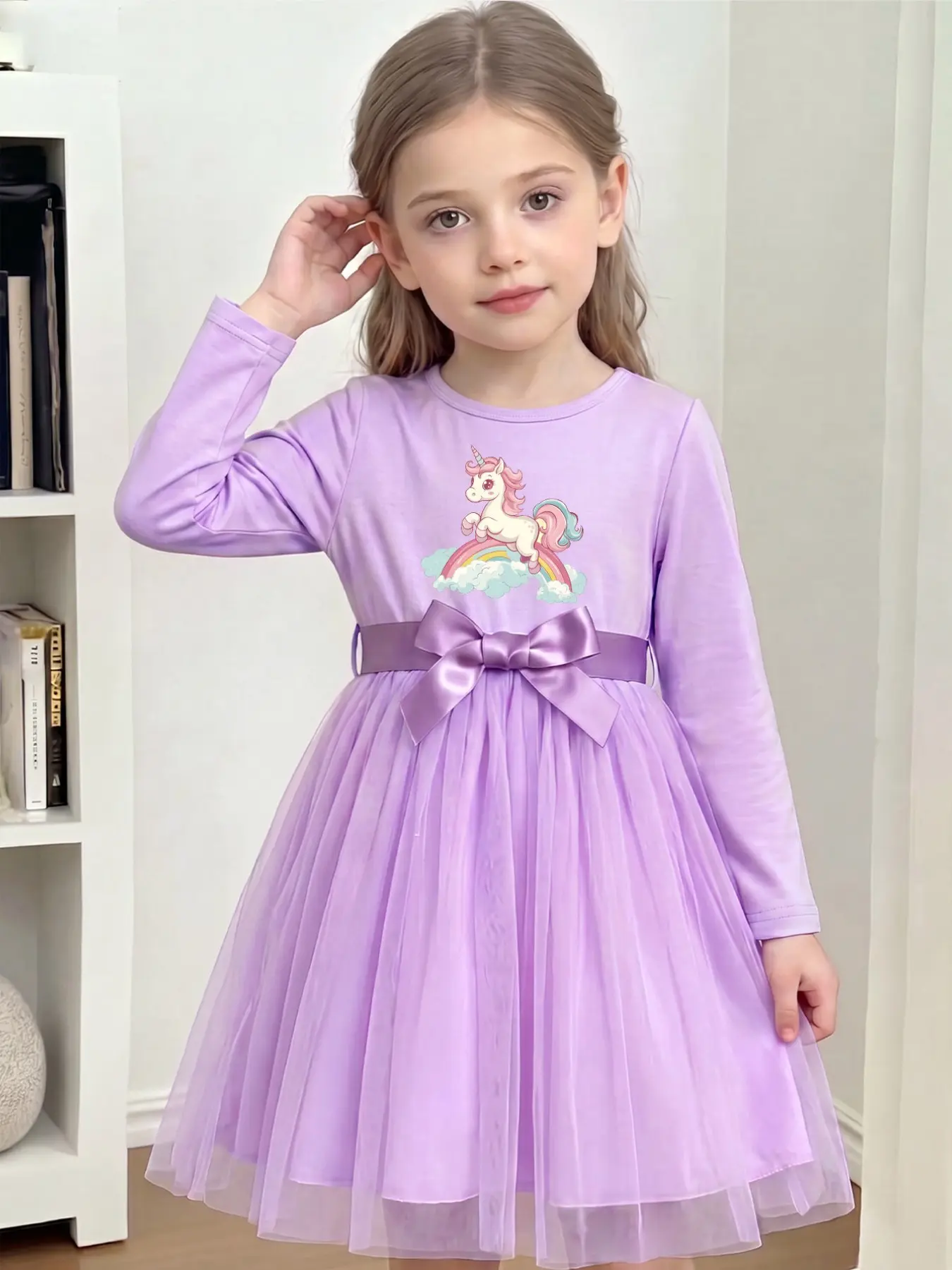 Girls' Cartoon Unicorn Rainbow Print Dress, Long Sleeve Round Neck, Loose-Fitting Casual Style, Bow Waistband, All Seasons