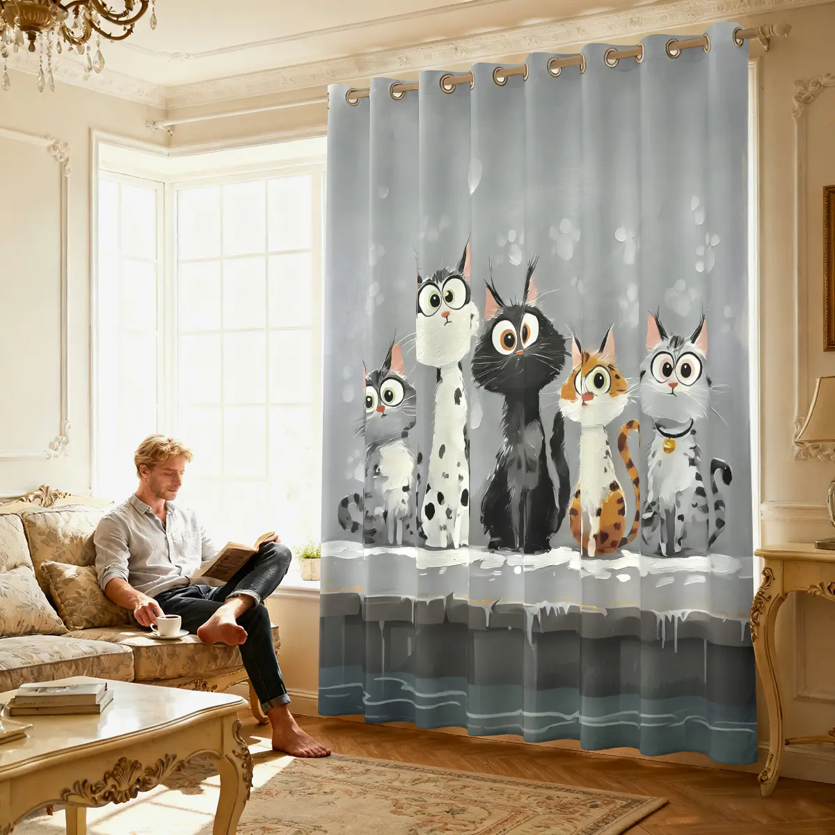 1 PC digital printing Sheer Single Panel Curtain,Watercolor winter cat pattern,90gsm sheer perforated curtain, crisp print, full home decor, hotel room gift for birthdays & festivals