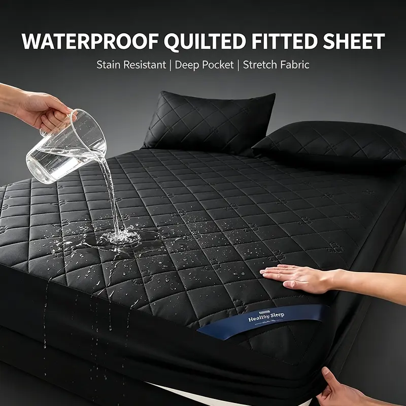 Deep Pocket Snug Fit Waterproof Quilted Mattress Protector Set, Diamond Embossed Stain Resistant Stretch Fitted Sheet Plus Pillowcases, Liquid Proof Easy-Care Bedding to Extend Mattress Service Life