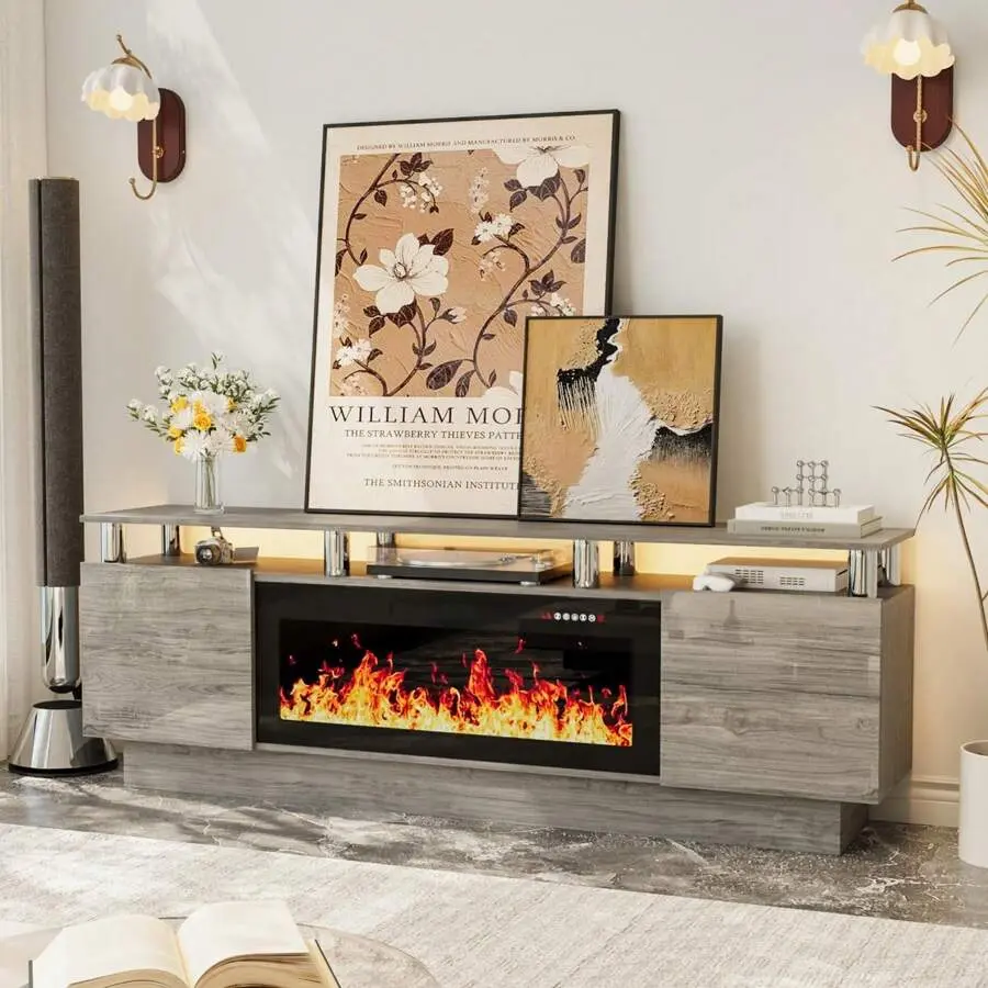 [2 Packages Shipping]70" Modern Fireplace TV Stand Stainless Steel Pipe,With 36" Electric Fireplace For TVs Up To 80", Perfect For Living Room,Thanksgiving,Christmas  Gift