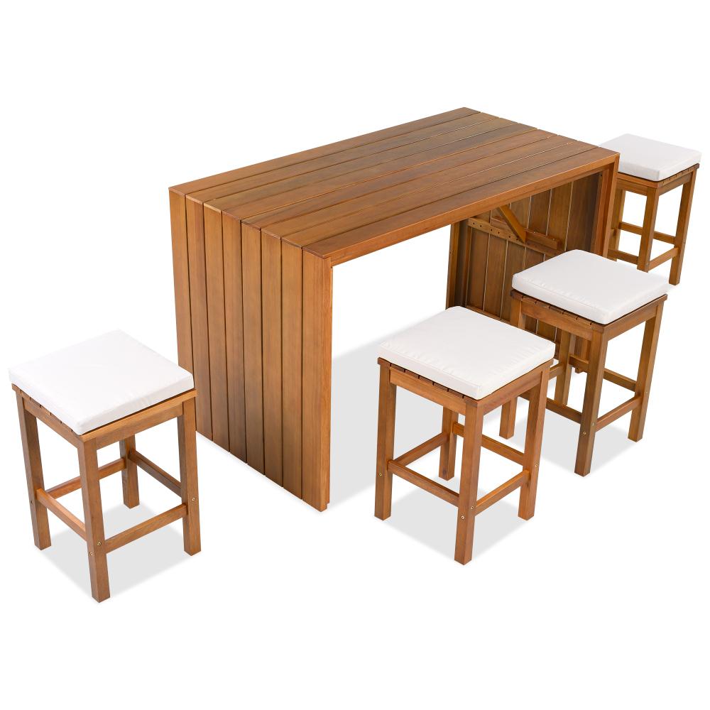 5 Piece Outdoor Bar Set, Patio Acacia Wood Bar Height Table & Four Stools with Cushions, Wood Dining Bar Set for Backyard, Poolside, Balcony, Beige Cushion and Natural Wood