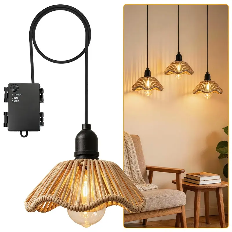 Handmade Bohemian Rattan Pendant Light, Home Decor Lighting, Battery-Powered, No Wiring, Woven Rattan Shade, Ideal for Kitchen Island, Hallway, Bedroom, Dining Room, Patio, Camping