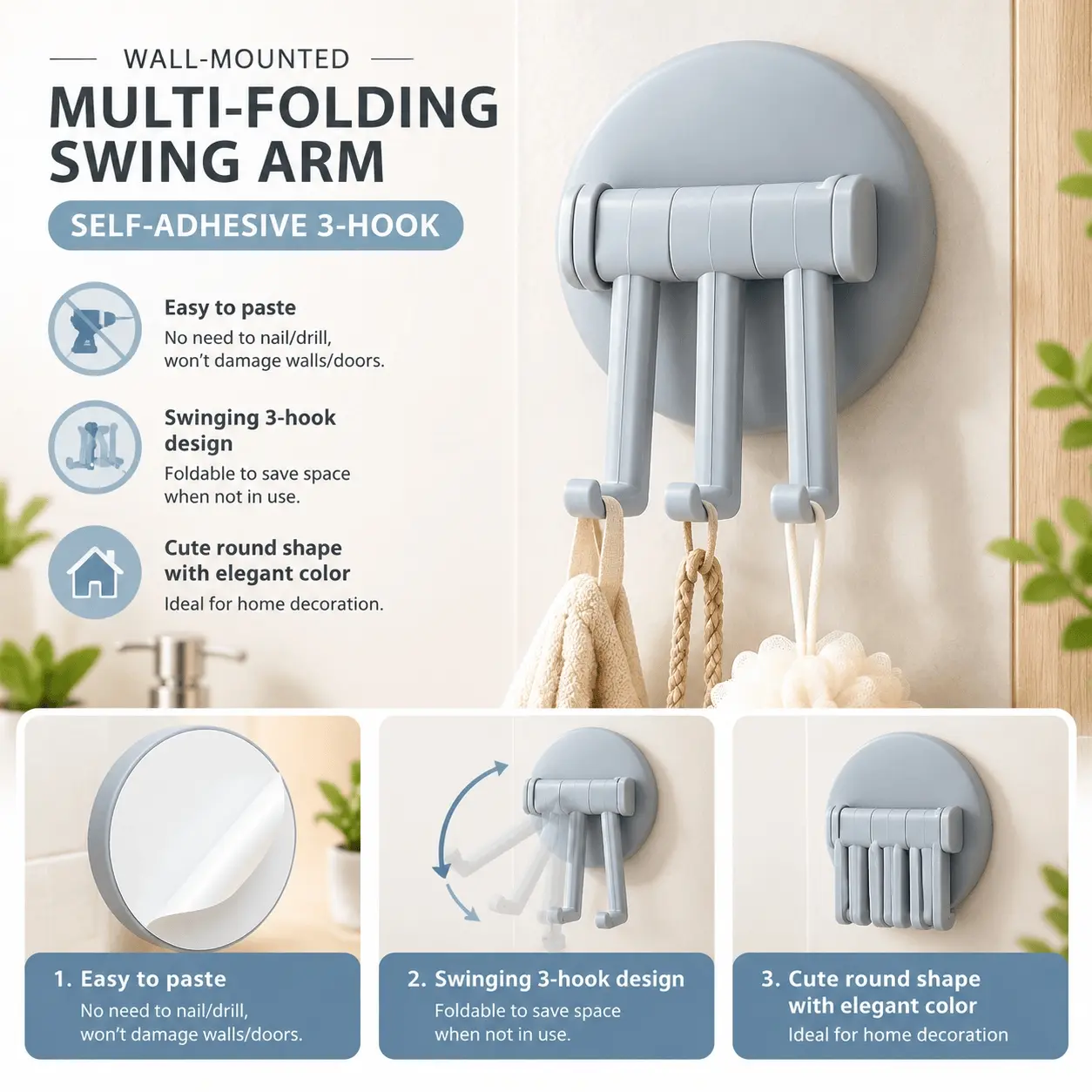 1PC wall-mounted ABS Plastic Strong multi-folding Swing Arm self-adhesive No Drill Hook with Rotating Hook for Various Scenarios Such as Kitchen, Foldable, 6.0 cm