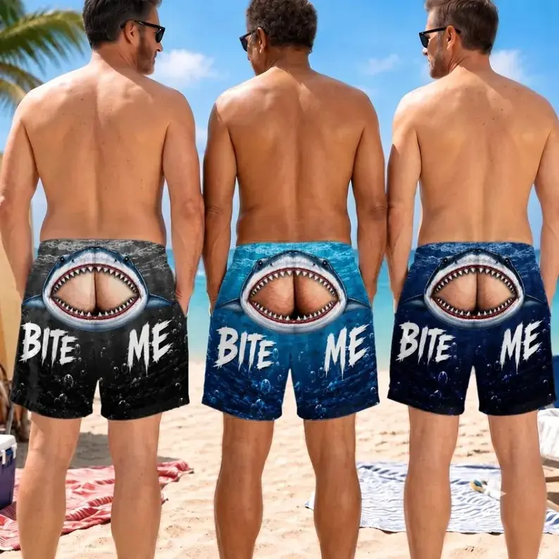 Personalized Shark Bite Swim Trunks Funny Cheeky Beach Shorts Bite Me Mens Summer,Custom Gift for Men Husband Dad,Camping Trip Birthday Wear # FunnySwimShorts # CampingBeachShorts