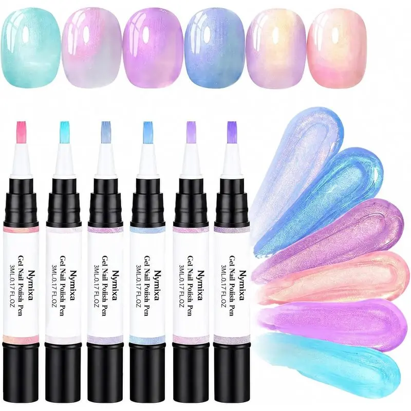 6 Colors UV LED Gel Nail Polish Pens, No Base & No Top Coat Required, Iridescent Color Shifting Shimmer Effect, 5ML Per Pen, 30ML Total Set