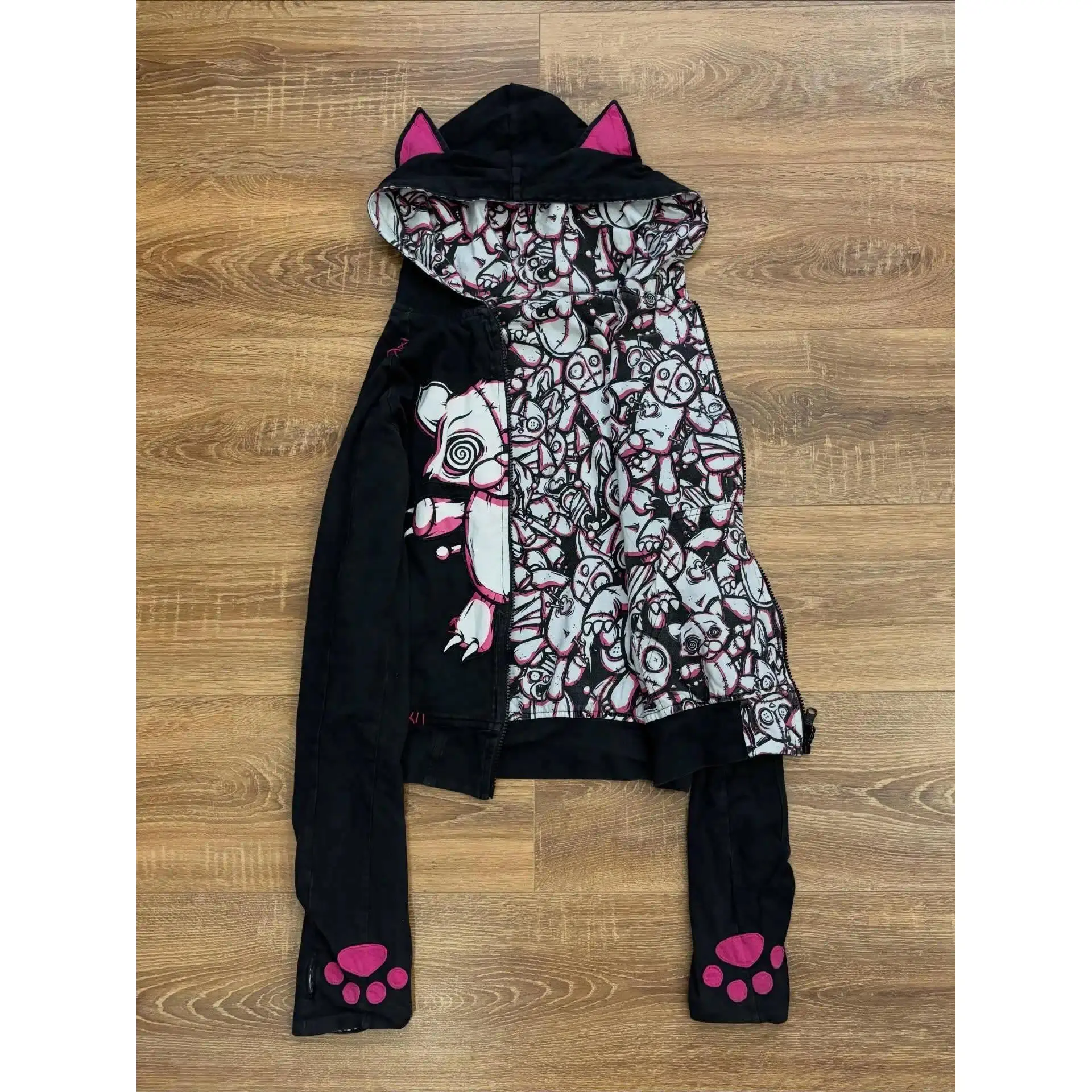 New Japanese Subculture Cat Ear Zipper Hoodie European and American Original Doll Print Cute Cool Double-sided Wearing Jacket