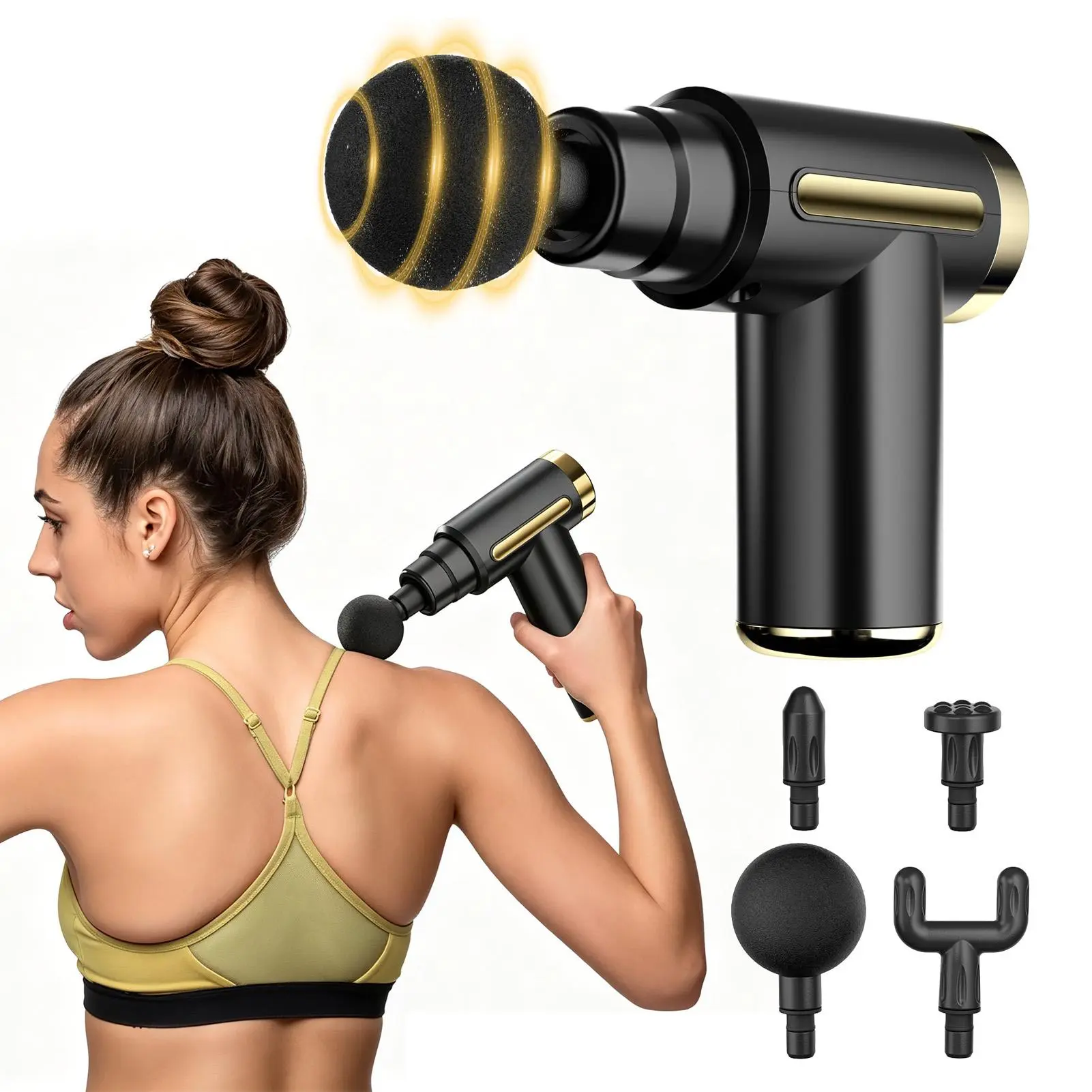 Portable Handheld Massage Gun Set - 4 Replacement Heads, 6 Speeds - Deep Muscle Tissue Massager for Neck, Shoulder Pain Relief