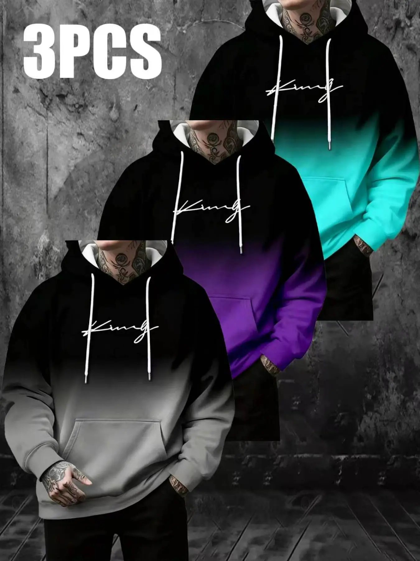 Men's Streetwear 3D Gradient Print Hoodie Set, 3-Piece Loose Fit Sweatshirt, Breathable Polyester, All Seasons, Casual Style