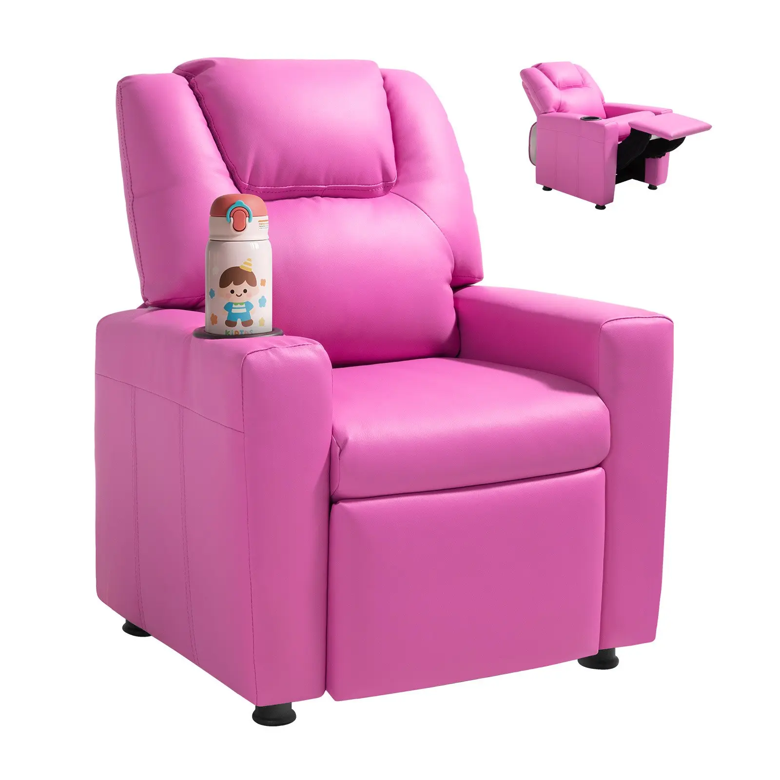 VEVOR Kids Sturdy Reclining Armchair, Toddler PU Leather Furniture with Cup Holder, 101-121 Adjustable Backrest, Footrest & Armrests, Easy-to-Clean Reading Couch, 90 lbs Load Capacity, Pink
